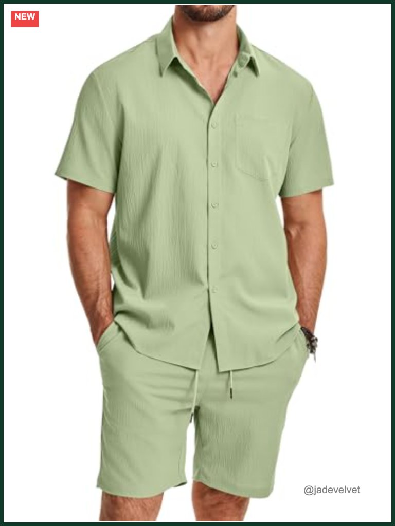 Men's 2 Piece Short Sets With Button Down Shirt And Elastic Shorts
